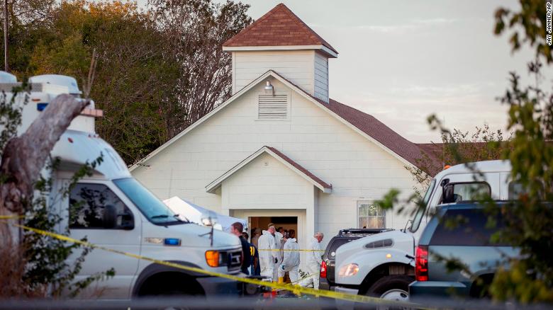 Investigators work at the scene of a mass shooting at the First Baptist Church in Sutherland Springs, Texas, on Sunday Nov. 5, 2017. A man opened fire inside of the church in the small South Texas community on Sunday, killing more than 20 people.(Jay Janner/Austin American-Statesman via AP)/Austin American-Statesman via AP)