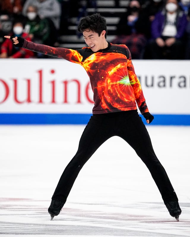Nathan Chen finishes his performance to the 