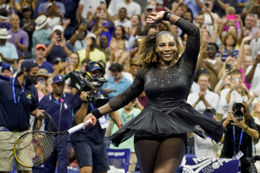 Serena Williams, of the United States, waves to the crowd after defeating Danka Kovinic, of Montenegro, during the first round of the US Open tennis championships, Monday, Aug. 29, 2022, in New York. (AP Photo/John Minchillo)