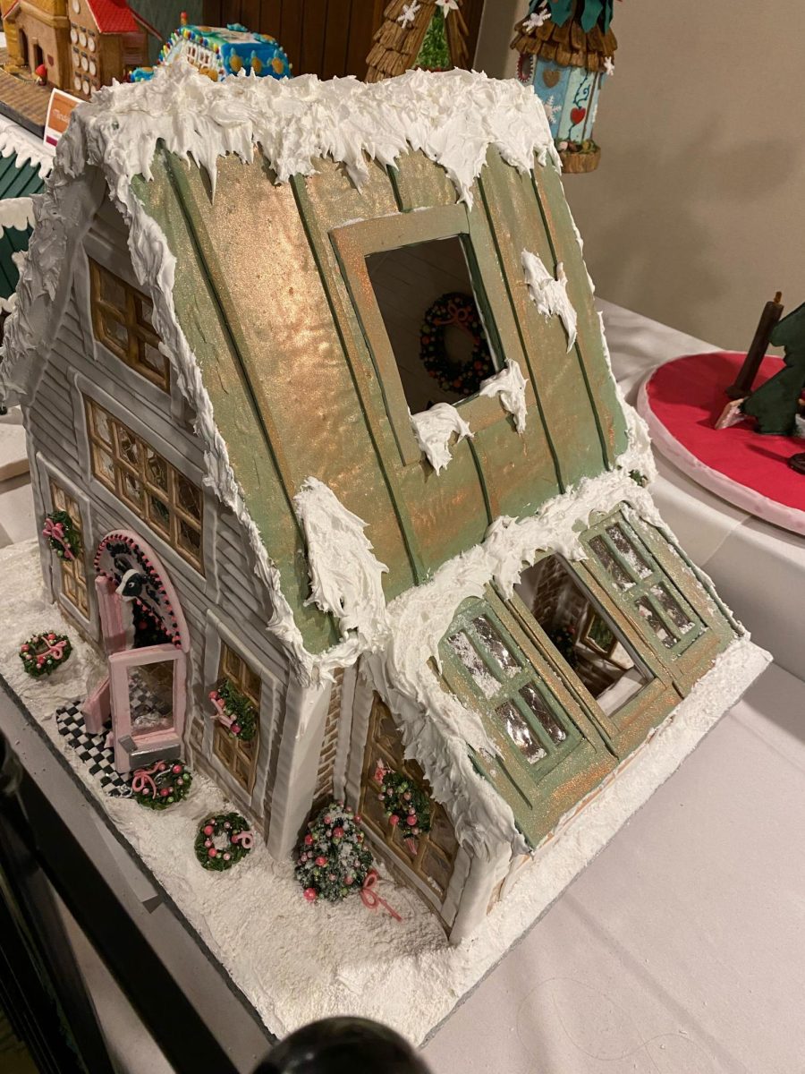 A displayed spirited gingerbread house at a hotel in Asheville.