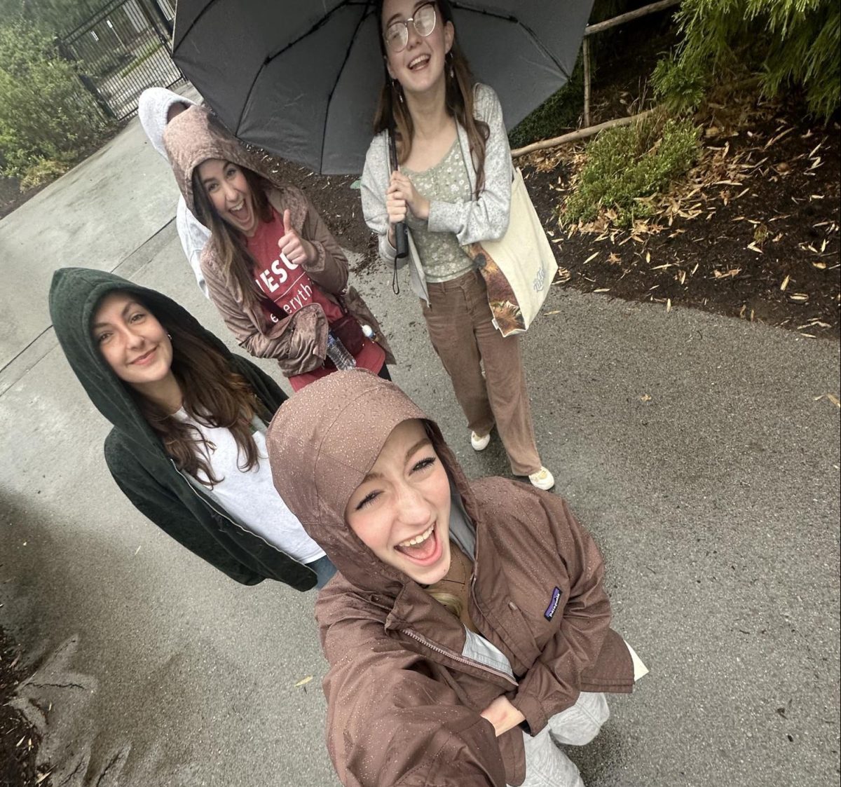 Aubree Jones (10), Briley Caldwell (10), Lili Rich (10), Anna Johnson (11), and Ava Lawhorn (11) trekking through the rain at at zoo.